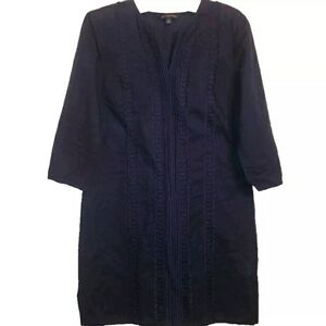 BROOKS BROTHERS Navy Beachy Linen Embroidered V Neck Shift Dress Tunic M